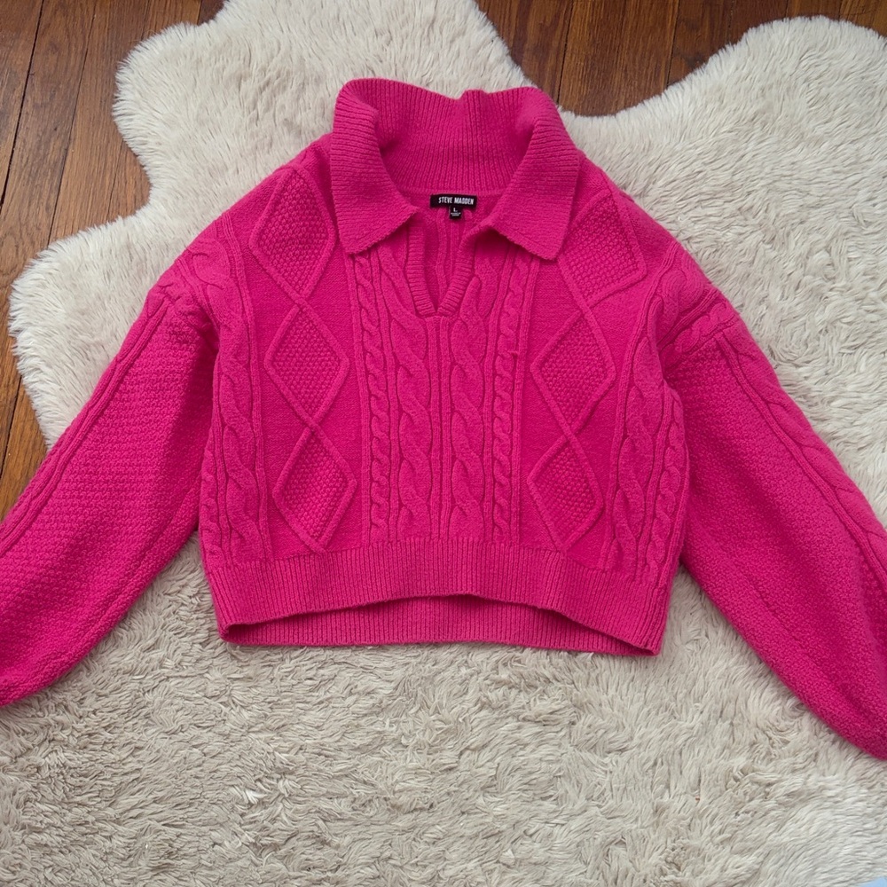 Steve Madden Hot Pink Cable-Knit Collared Crop Sweater